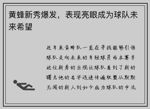 黄蜂新秀爆发，表现亮眼成为球队未来希望